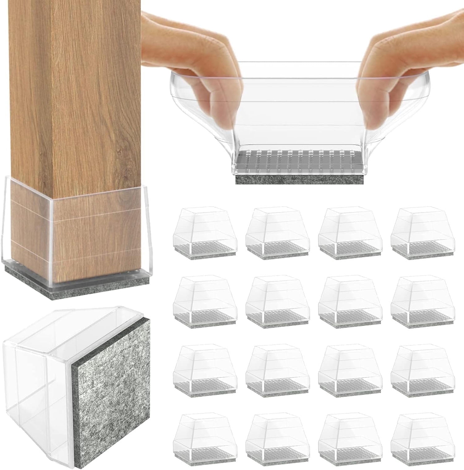 CHWM Square Chair Leg Floor Protectors, Silicone Felt Furniture Legs Caps,None Noise, Easy to Move,Clear 1.26-1.57".16Pack.