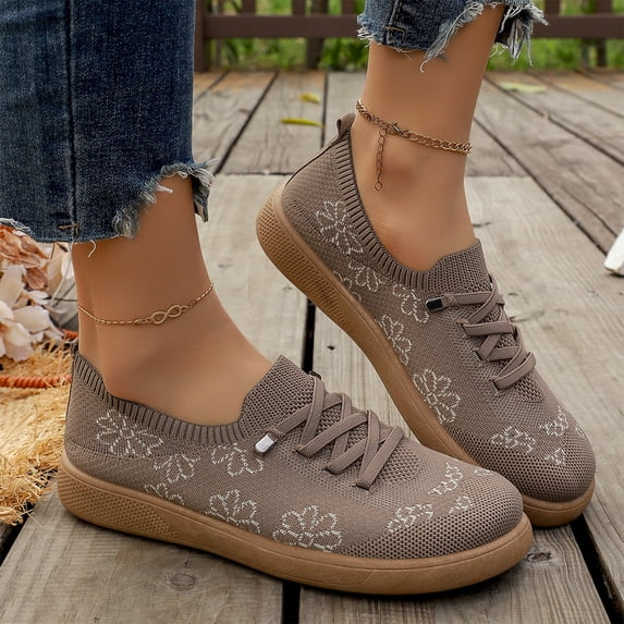 CHWshoes Knit Floral Print Shoes for Womens Slip On Wide Casual Walking Flats Breathable Comfy Cute Dress School Shoe Travel Hike Flats Light Brown Size 36