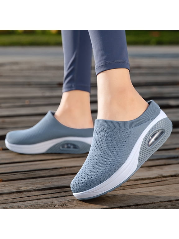 Orthopedic Stretch Knitted Platform Closed Round Toe Comfortable Breathable Air Cushion Walking Sliipers Open Back Wedge Heel Casual Mules Sneaker with Arch Support Light Blue 38