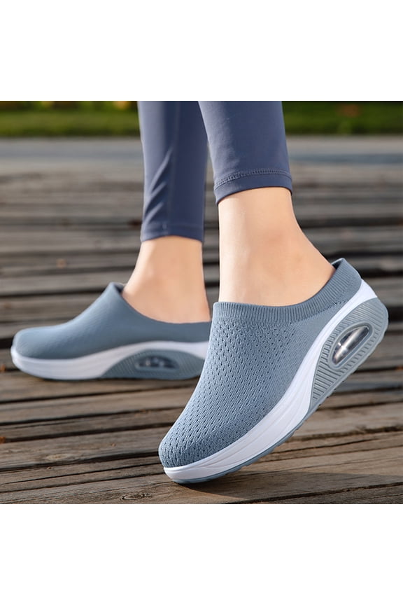 Orthopedic Stretch Knitted Platform Closed Round Toe Comfortable Breathable Air Cushion Walking Sliipers Open Back Wedge Heel Casual Mules Sneaker with Arch Support Light Blue 40