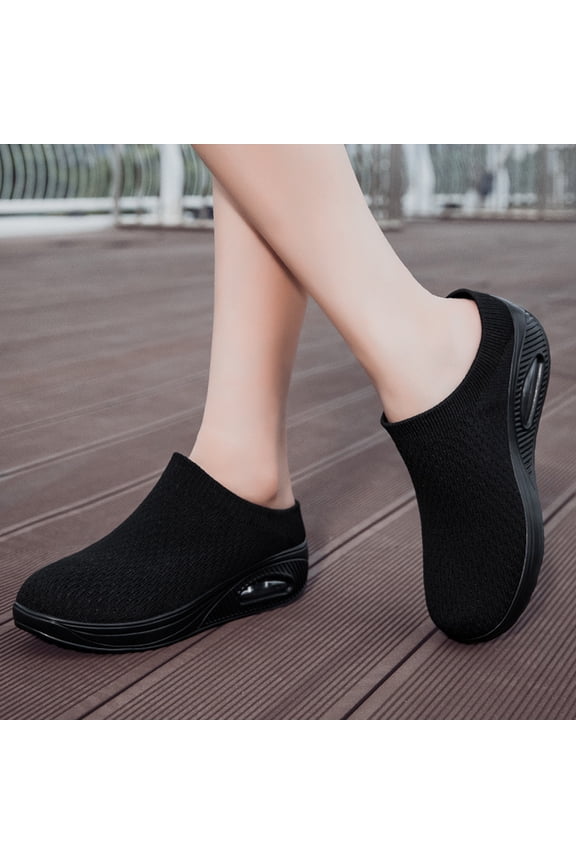 Orthopedic for Women Stretch Knitted Platform Closed Round Toe Comfortable Breathable Air Cushion Walking Sliipers Open Back Wedge Heel Casual Mules Sneaker with Arch Support Black 40