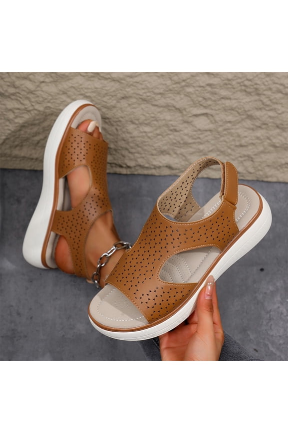 Orthopedic ls Women Leather Slingback Wide Fit Orthotic Plantar Fasciitis Comfy Open Toe Ladies Low Wedge Outdoor Anti-Slip Platform Holiday Essentials Beach Dress Shoes Brown Size 41