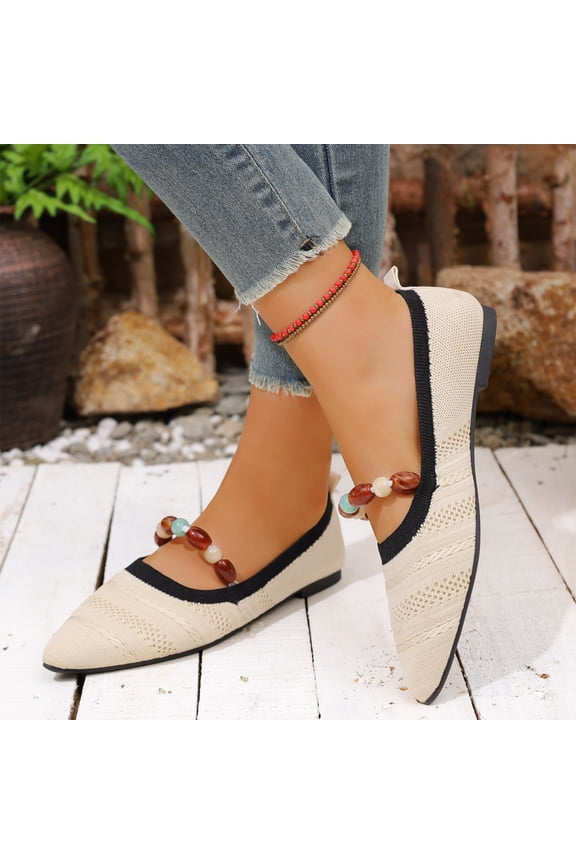 Women's Ballet Flats Breathable Knit Slip On Comfortable Pointy Toe Walking Shoes with Arch Support Insole for Work,Beige Size 36
