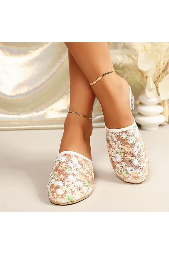 Women's Chinese Embroidered Mesh Mules, Closed Toe Backless Loafers with Square Heel, Breathable Slip-On Slippers, Comfortable Anti-Slip Indoor Outdoor Shoes Pink Size 37