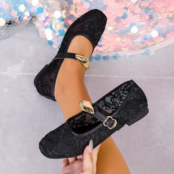 CHWshoes Women's Floral Embroidered Mesh Mary Jane Flats Square Toe Buckle Strap Breathable Ballet Shoes for Dressy Trendy Work Office Wedding Daily Ballerina,Black Size 41