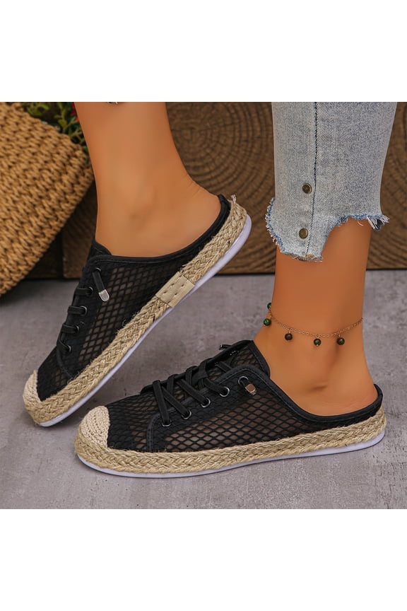 Women's Mesh Espadrille Mules, Breathable Slip-On Summer Flats, Casual Straw Woven Backless Shoes, Comfort Mesh Sneakers for Beach & Daily Black Size 41