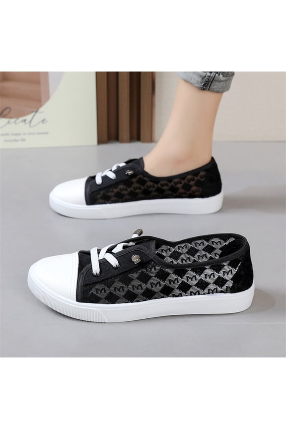 Women's Mesh Platform Sneakers Breathable Canvas Mule Shoes Casual Walking Flats with Ribbed Sole Black Size 41