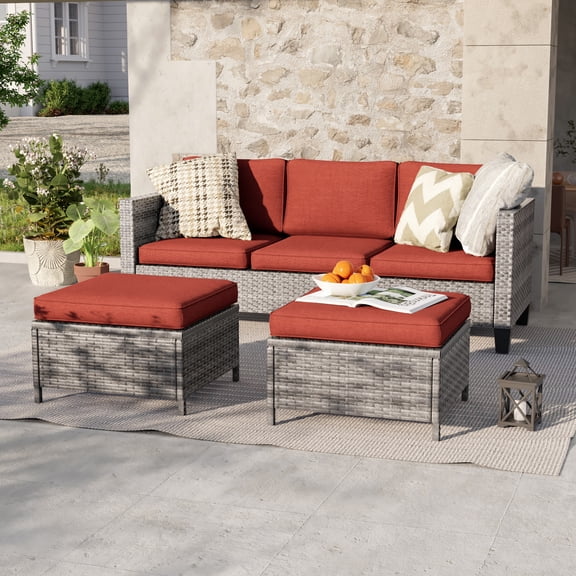ACEGOSES 3-Piece Patio Sofa Set Rattan Outdoor Furniture Set Three-Seat Sofa Ottomans Suiting Backyard, Poolside and Patio,Red