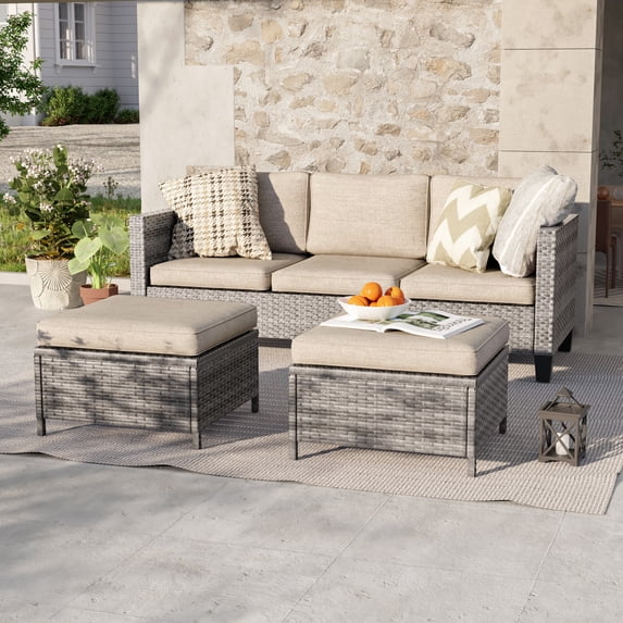 ACEGOSES 3-Piece Patio Sofa Set Rattan Outdoor Furniture Set Three-Seat Sofa Ottomans Suiting Backyard, Poolside and Patio,Sand