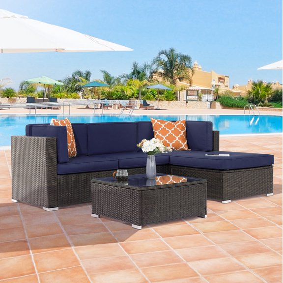 CHYVARY 5 Pcs Sectional Outdoor Conversation Sofa Set, PE Wicker for Patio, Yard and Poolside With Tea Table and Ottoman,Navy Blue
