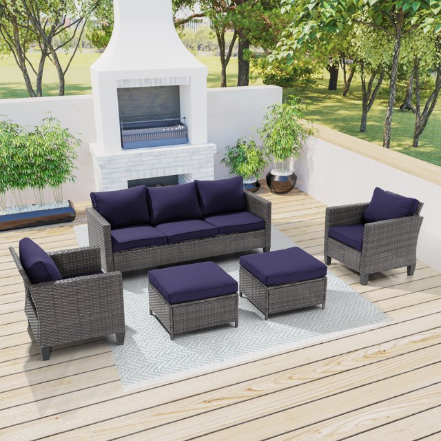 CHYVARY 5Piece Patio Sofa Set Gray Rattan Outdoor Furniture Set ThreeSeat Sofa Ottomans