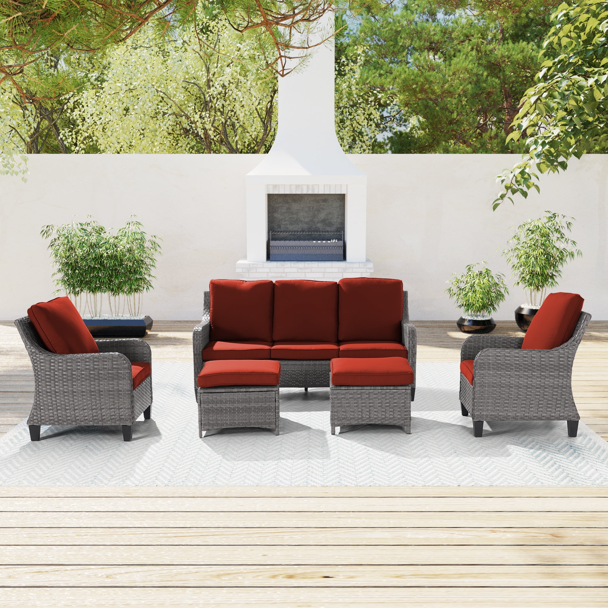CHYVARY 5Piece Patio Sofa Set Gray Rattan Outdoor Furniture Set ThreeSeat Sofa Ottomans