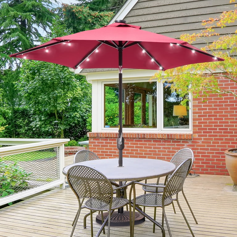 7 foot red patio umbrella Grosfillex Market - Diameter - Wooden Pole - Burgundy use crank system and push ABCCANOPY Outdoor Solar Patio Umbrella