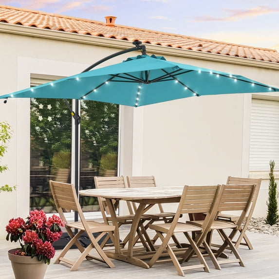 CHYVARY 8.2×8.2ft LED Outdoor Patio Offset Hanging Cantilever Umbrellas W/8 Ribs for Backyard,Poolside and Garden,Lake Blue
