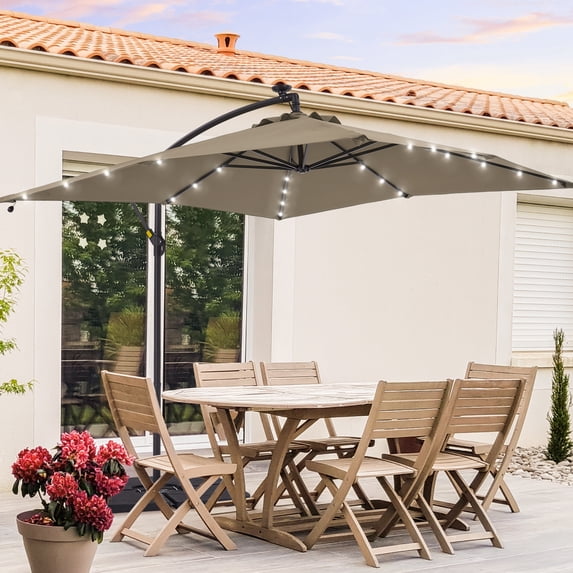 CHYVARY 8.2×8.2ft LED Outdoor Patio Offset Hanging Cantilever Umbrellas W/ 8 Ribs for Backyard,Poolside and Garden,Taupe
