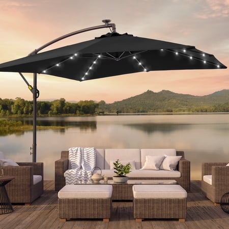 CHYVARY 8.2×8.2ft LED Outdoor Patio Offset Hanging Cantilever Umbrellas with 8 Ribs for Backyard,Poolside and Garden,Black