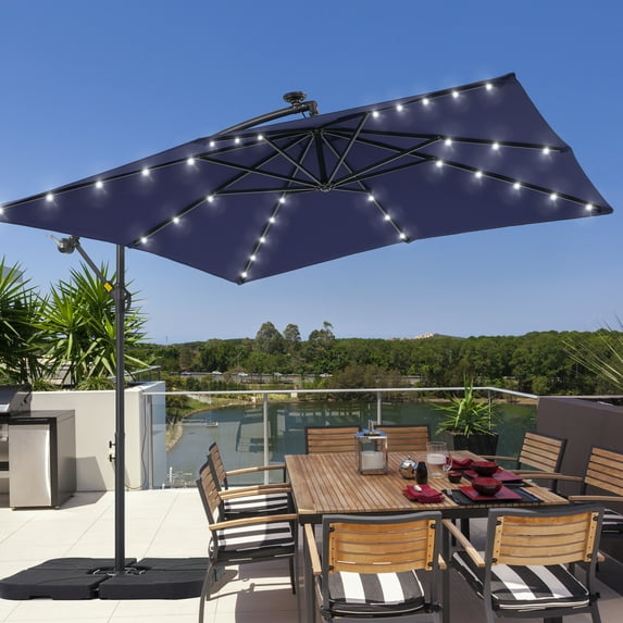 CHYVARY 8.2×8.2ft LED Outdoor Patio Offset Hanging Cantilever Umbrellas with 8 Ribs for Backyard,Poolside and Garden,Navy Blue