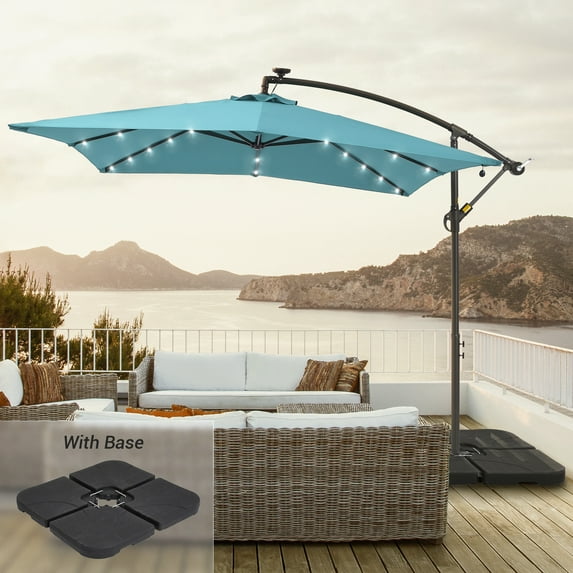 CHYVARY 8.2x8.2ft LED Outdoor Patio Offset Hanging Cantilever Umbrella with Base for Deck,Poolside and Patio,Lake Blue