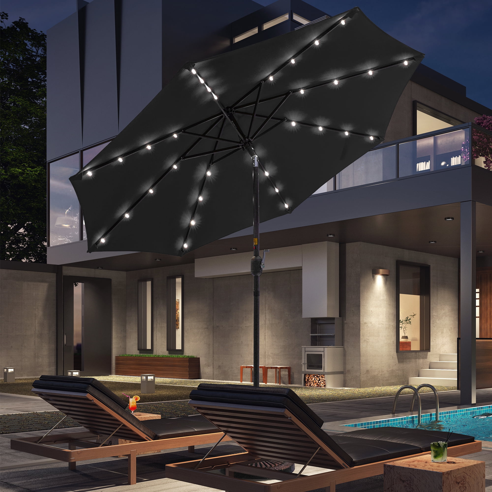 CHYVARY 9ft LED Patio Umbrella Market Outside Table Umbrella for Deck, Poolside and Patio,Black