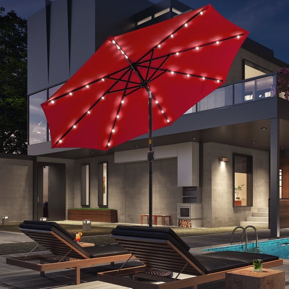 CHYVARY 9ft LED Patio Umbrella Round Market Outside Table Umbrella for Deck, Poolside and Patio, Red