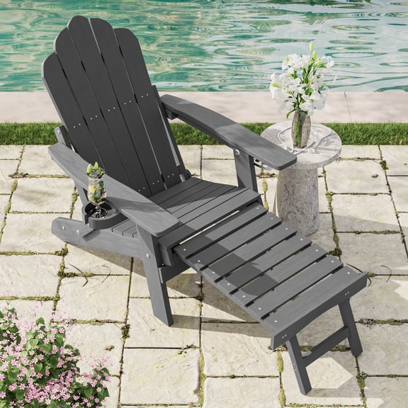 CHYVARY Folding Adirondack Chair, Fire Pit Patio Chair with Retractable Ottoman, Rest Weather Resistant Lawn Outdoor Lounge Chair with Cup Holder, Gray
