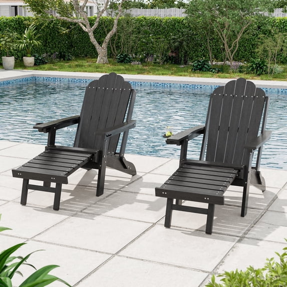 CHYVARY 3-Position Adjustable Foldable Adirondack Chairs Set of 2, Heavy Duty HDPE Patio Furniture with Cup Holder, All-Weather Deck Seating, Black