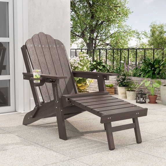CHYVARY 3-Position Adjustable Foldable Adirondack Chair, Heavy Duty HDPE Patio Furniture with Cup Holder, All-Weather Deck Seating, Brown