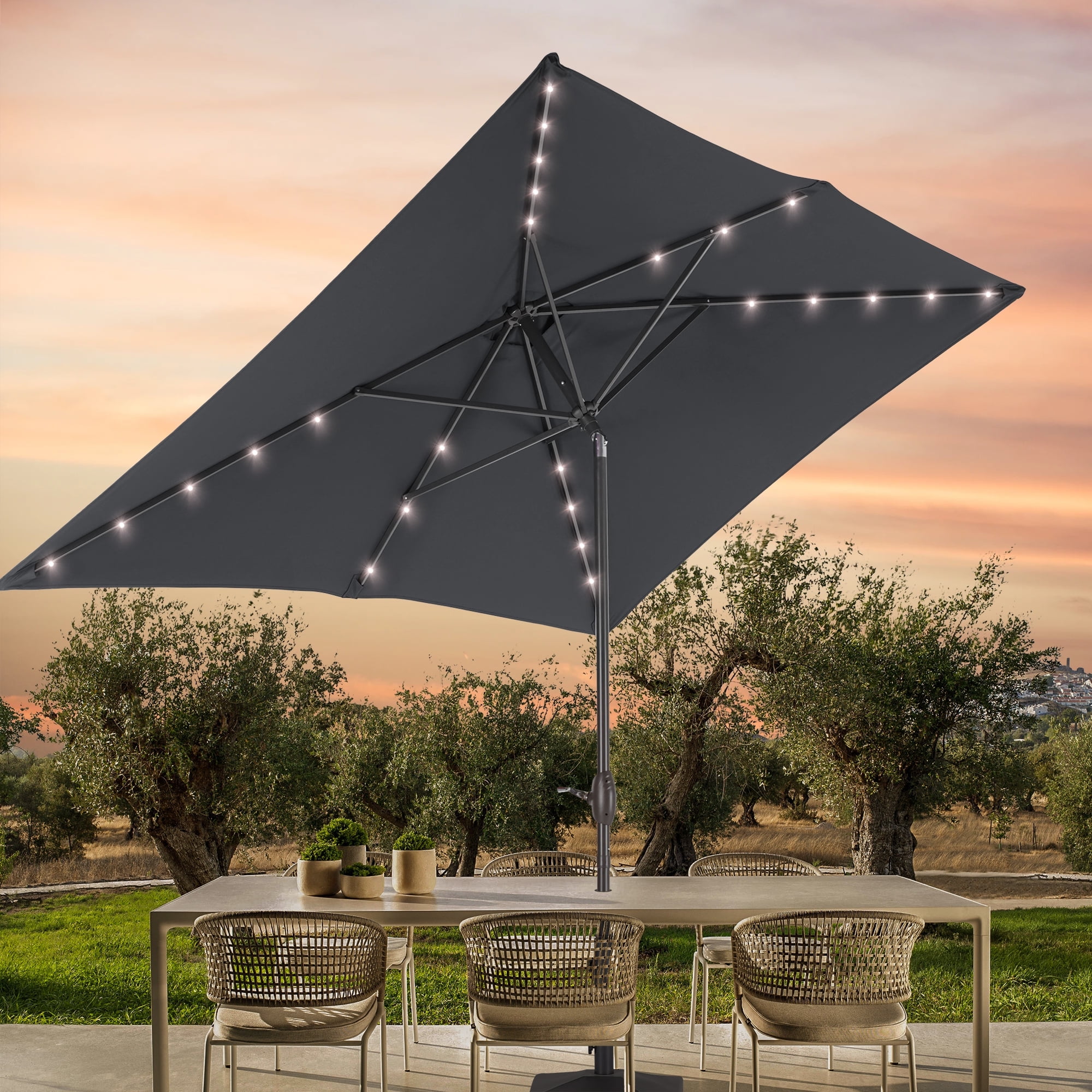CHYVARY LED Outdoor Patio 6x9ft Deck Solar Light Market Umbrella, Outside Table Umbrellas With Polyester canopy,Anthracite