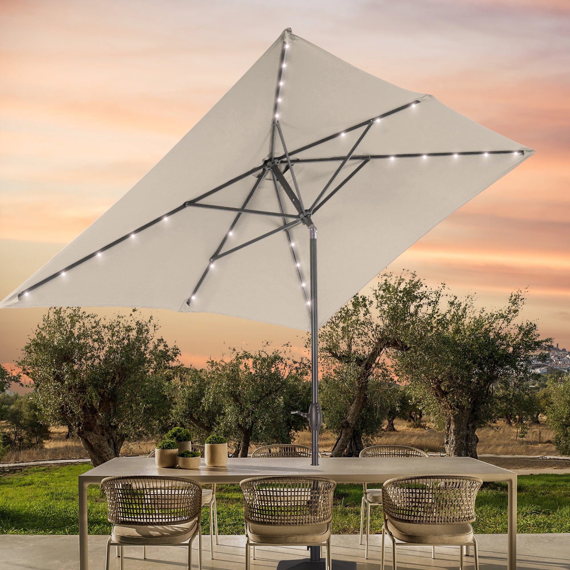 CHYVARY LED Outdoor Patio 6x9ft Deck Solar Light Market Umbrella, Outside Table Umbrellas With Polyester canopy,Beige
