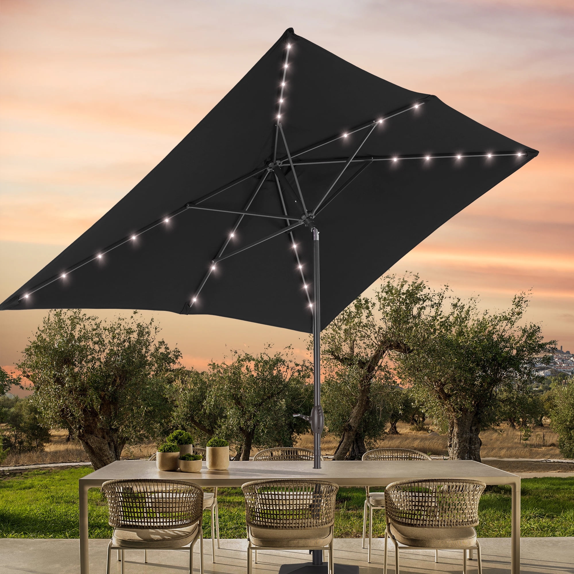 CHYVARY LED Outdoor Patio 6x9ft Deck Solar Light Market Umbrella, Outside Table Umbrellas With Polyester canopy,Black