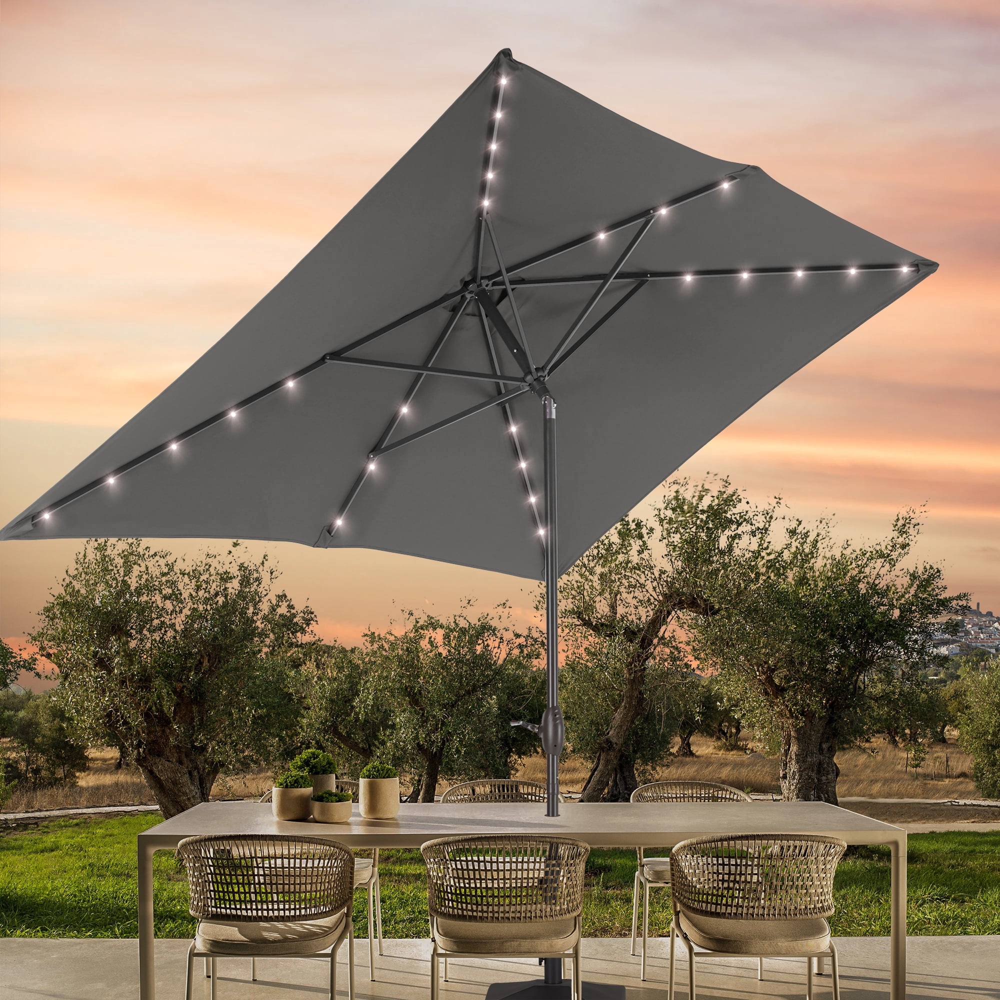 CHYVARY LED Outdoor Patio 6x9ft Deck Solar Light Market Umbrella, Outside Table Umbrellas With Polyester canopy,Gray