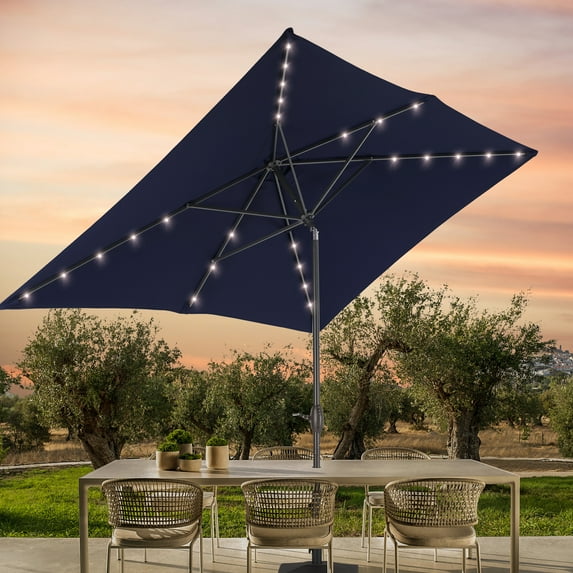CHYVARY LED Outdoor Patio 6x9ft Deck Solar Light Market Umbrella, Outside Table Umbrellas With Polyester canopy,Navy Blue
