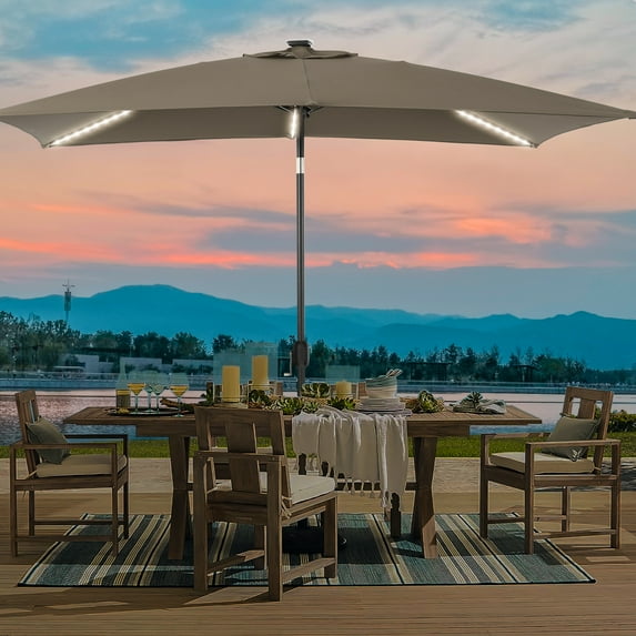 CHYVARY LED Outdoor Patio 6x9ft Deck Solar Light Market Umbrella, Outside Table Umbrellas with Polyester canopy,Taupe