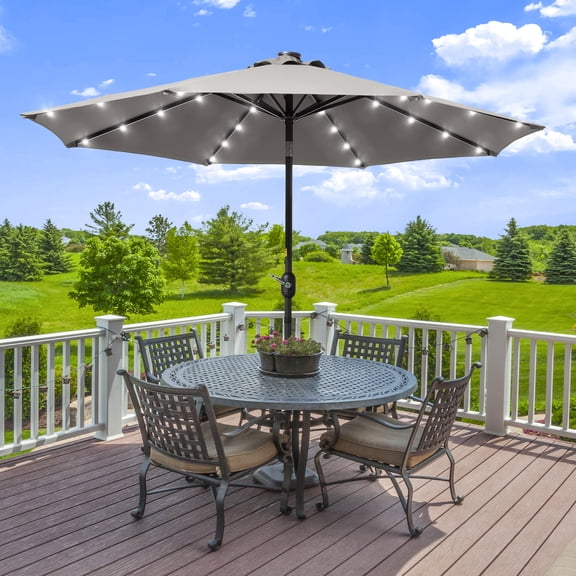 CHYVARY Outdoor LED 9Ft Patio Table Umbrellas with Solar Lights and Tile Button for Garden, Deck and Poolside,Gray
