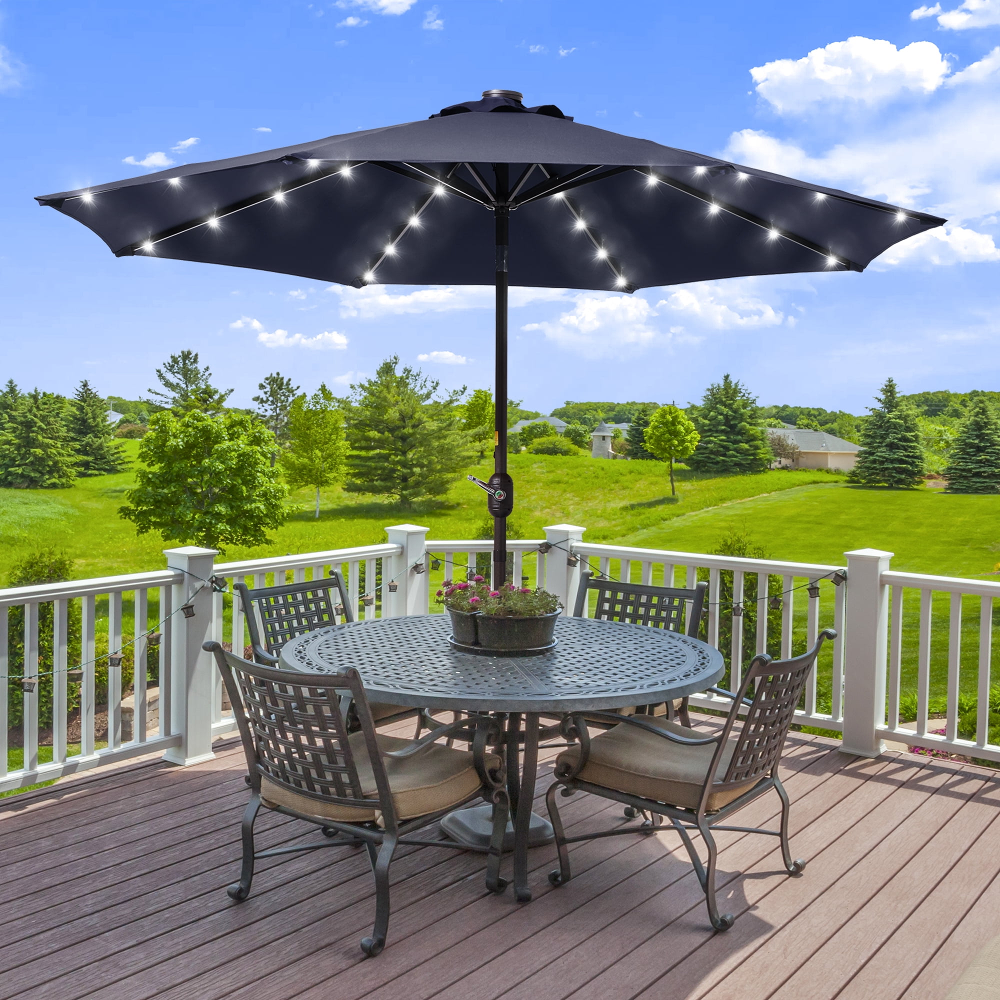 CHYVARY Outdoor LED 9Ft Patio Table Umbrellas with Solar Lights and Tile Button for Garden, Deck and Poolside,Navy Blue