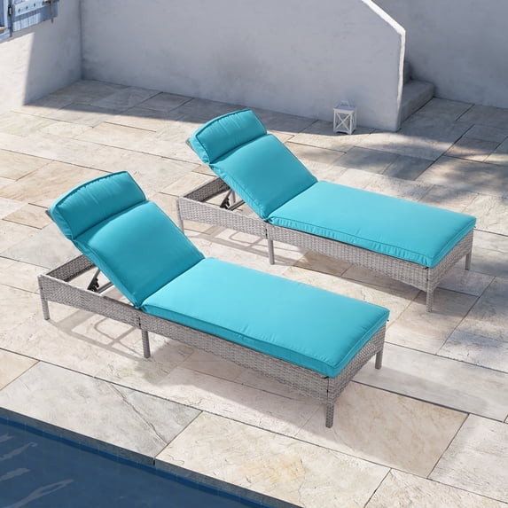 CHYVARY Patio Chaise Lounge Chairs Set of 2, Adjustable Angles Outdoor Thick Waterproof Cushion Steel Frame Suitable for Backyard, Patio and Porch, Lake Blue