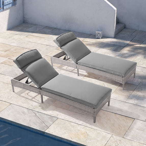 CHYVARY Outdoor Lounge Chaise Patio Rattan Chair Adjustable Inclination Angles Weather-Resistant Rattan Frame for Pool, Backyard, and Patio,Gray/2PCS