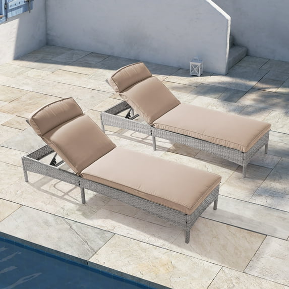 CHYVARY Outdoor Lounge Chaise Patio Rattan Chair Adjustable Inclination Angles Weather-Resistant Rattan Frame for Pool, Backyard, and Patio,Sand/2PCS