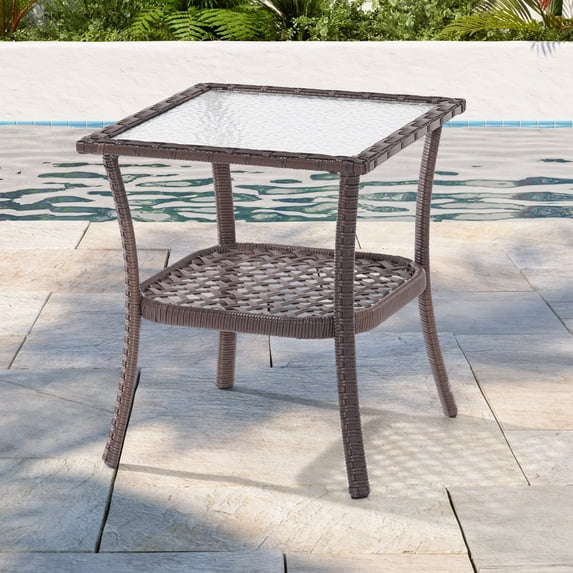 CHYVARY Outdoor PE Rattan Side Table, Rectangular Water-Proof Coffee HIPS Tabletop for Indoor and Outdoor,Brown