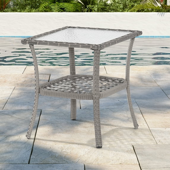 CHYVARY Outdoor PE Rattan Side Table, Rectangular Water-Proof Coffee HIPS Tabletop for Indoor and Outdoor,Gray