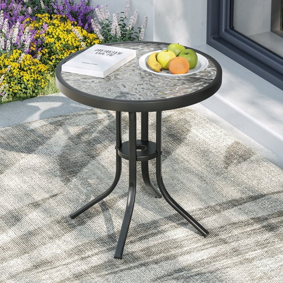 CHYVARY Outdoor Patio Round Side Table, Water Rippled Glass Tabletop for Room, Bedside, Porch, Balcony and Deck, Black