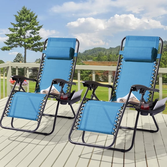CHYVARY Set of 2 Oversized Zero Gravity Patio Reclining Lounge Chair with an Adjustable Headrest and Side Tray, Lake Blue
