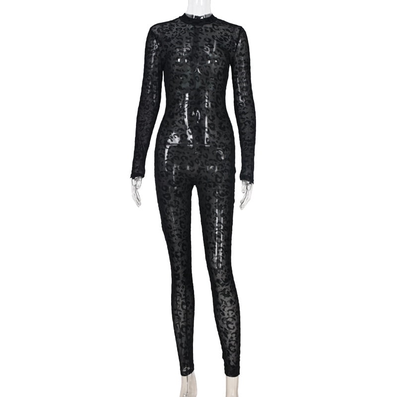 CHYYCNYCH Animal Instinct Mesh Bodystocking Leopard See Through Velour Long Sleeve Rompers