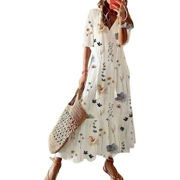 CHYYCNYCH Bohemian Dresses for Women Plus Size Casual Floral Printed Tassel Tie Neck Short Sleeve Loose Fit Maxi Dress