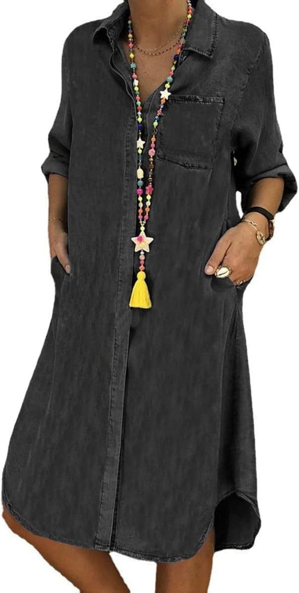 CHYYCNYCH Women Button Front Denim Midi Shirt Dress Casual Long Sleeve ...
