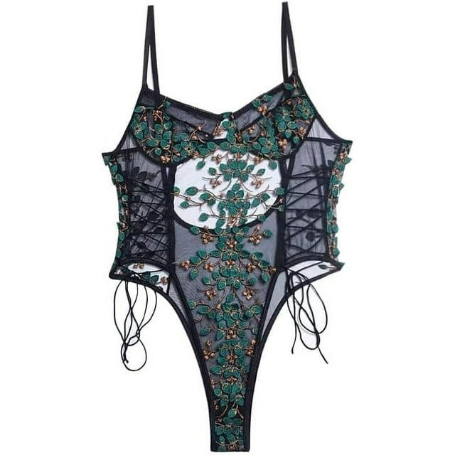 CHYYCNYCH Women Sexy Lace Up Floral Embroidered Teddy Lingerie Bodysuit ...