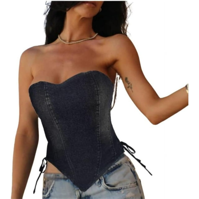 CHYYCNYCH Women's Denim Bustier Corset Top Jean Waist Cincher Chest Supporting Body Shaping
