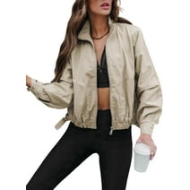 CHYYCNYCH Women's Fashion Bomber Jacket Long Sleeve Cropped Zip Up Casual Coat with Pockets Outerwear