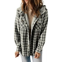 CHYYCNYCH Womens Flannel Jacket Plaid Long Sleeve Button Down Fleece Hooded Jackets Warm Coat Fall 2023