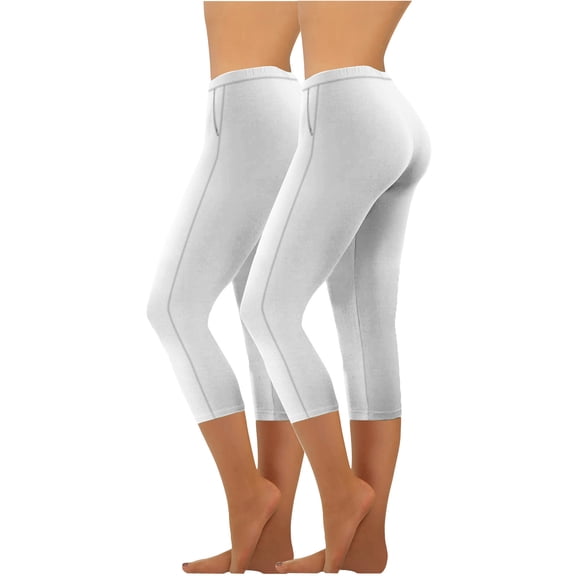 CHZAYXI 2pc Capri Pants for Women Cropped Workout Leggings Solid Color Summer Slim Comfy Pants with Pockets White